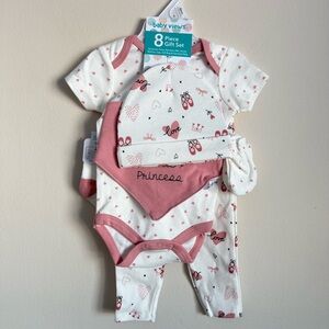NWT Baby Views Girl Pink White 6 Piece Set Bodysuit Pants Accessories 3-6 Months